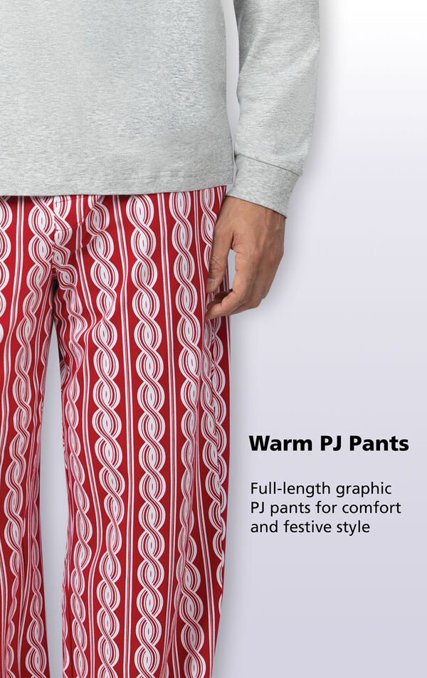 Red and White Peppermint Twist PJ for Men have Full-length graphic PJ pants for comfort and festive style image number 3