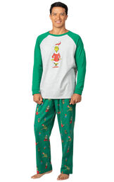 Model wearing Green and Gray Grinch PJ for Men