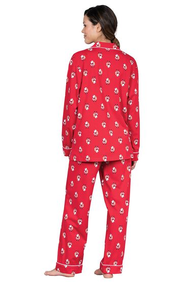 Model wearing Red Santa Print Button-Front PJ for Women, facing away from the camera