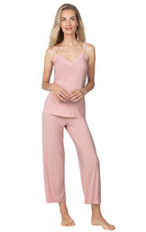 Model wearing Pink Stretch Knit Geo Print Cami Crop Pant PJ for Women image number 1