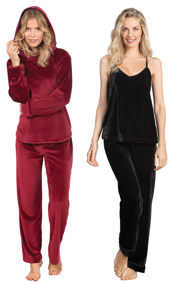 Models wearing Tempting Touch PJs - Garnet and Velour Cami Pajamas - Black. image number 0