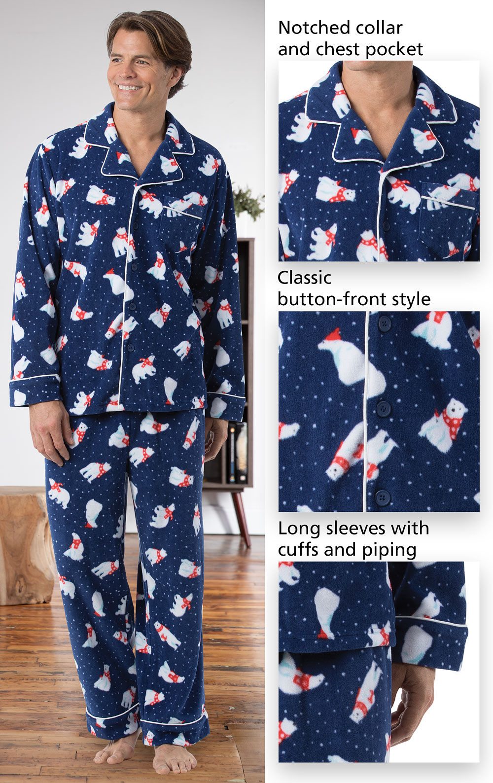 Mens Pajamas Size Medium-Large Cotton Shirt Winter Fleece Pants Set Polar Bear 