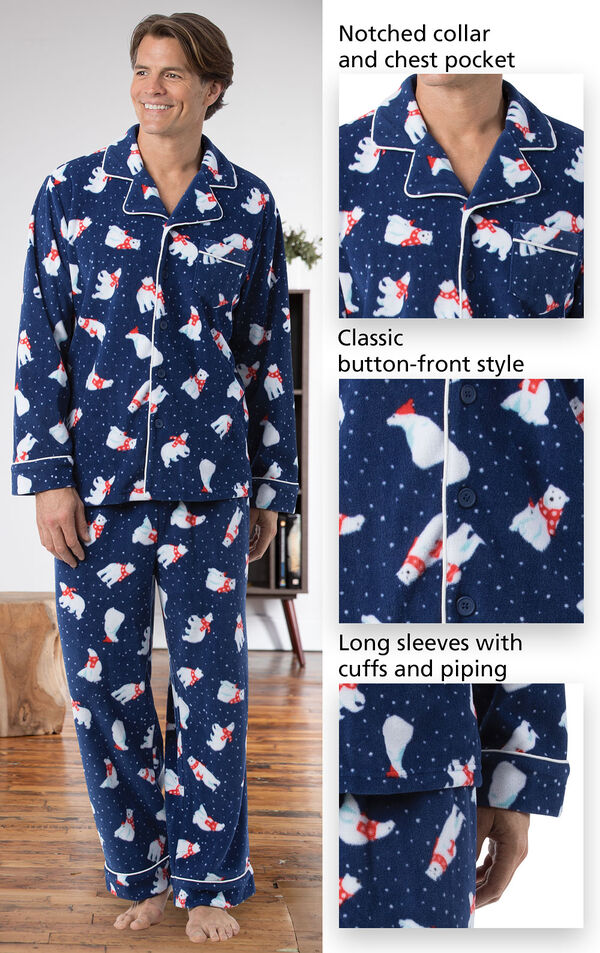 Close-ups of the features of Polar Bear Fleece Men's Pajamas which include a notched collar and chest pocket, classic button-front style and long sleeves with cuffs and piping image number 3