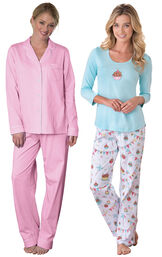 Models wearing Classic Polka-Dot Boyfriend Pajamas - Pink and Happy Birthday Pajamas. image number 0