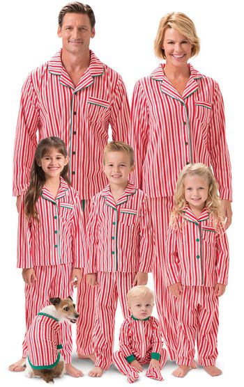 Models wearing Red and White Candy Cane Stripe Fleece Matching Family Pajamas