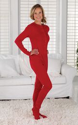 Model wearing Red Dropseat Women's Pajamas by couch image number 2