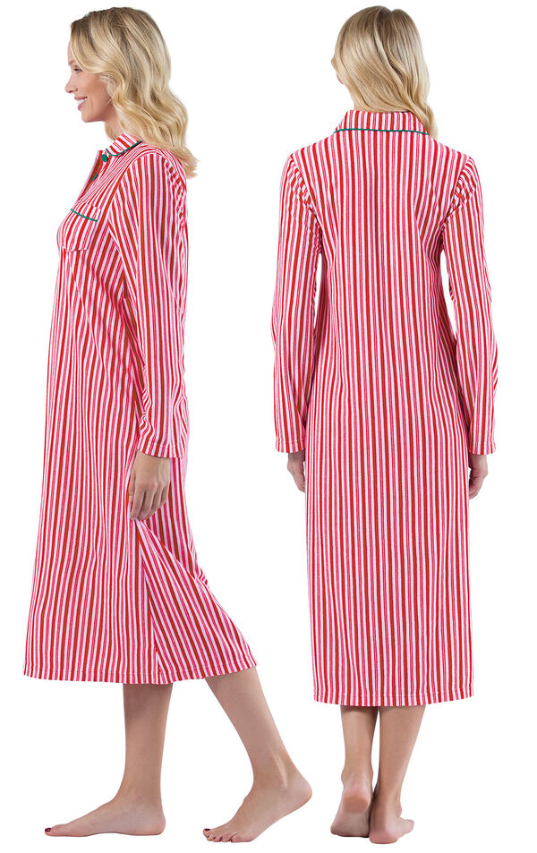 Model wearing Candy Cane Stripe Fleece Gown for Women, facing away from the camera and then to the side image number 1