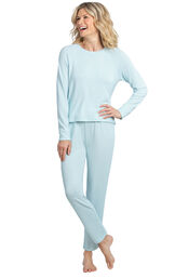 Model wearing Light Blue Scoop Neck Pajama Set for Women image number 1