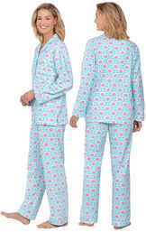 Model wearing Aqua and Pink Floral Button-Front PJ for Women, facing away from the camera and then to the side image number 1