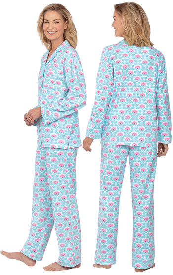 Model wearing Aqua and Pink Floral Button-Front PJ for Women, facing away from the camera and then to the side