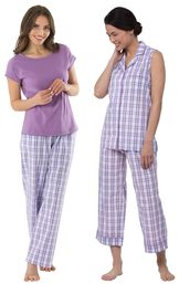 Models wearing Perfectly Plaid Sleeveless Capri Pajamas and Perfectly Plaid Pajamas. image number 0
