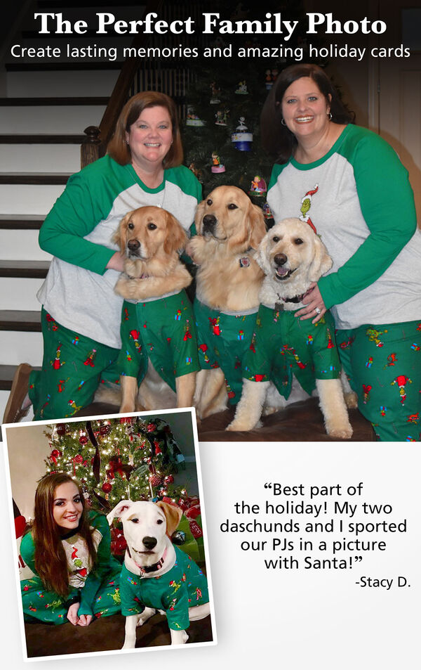 Photos of customers and their pets wearing matching green and grey grinch pajamas with the following copy: The Perfect Family Photo - Create lasting memories and amazing holiday cards. image number 1
