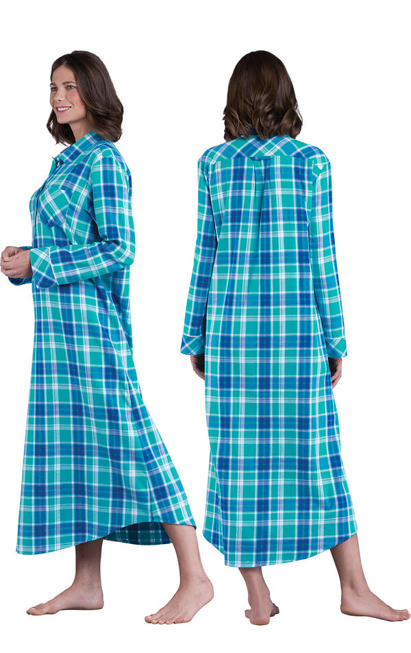 Model wearing Green and Blue Bright Plaid Gown for Women, facing away from the camera and then to the side image number 1
