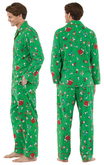 Model wearing Green Charlie Brown Christmas PJ for Men, facing away from the camera and then to the side