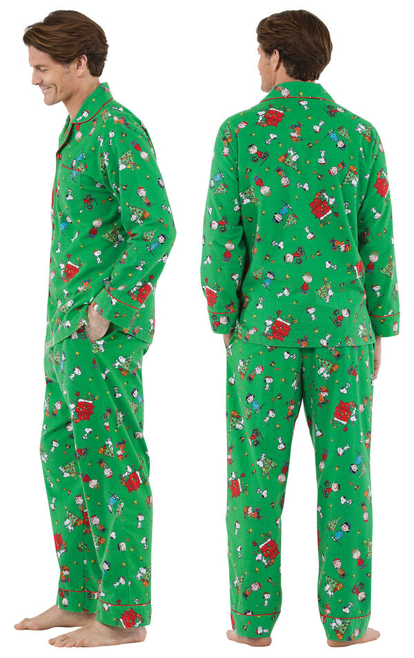 Model wearing Green Charlie Brown Christmas PJ for Men, facing away from the camera and then to the side image number 1
