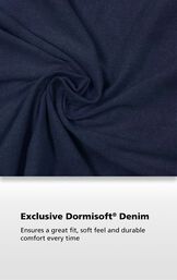 Men's Indigo Fabric with the following copy: Exclusive Dormisoft Denim ensures a great fit, soft feel and durable comfort every time. image number 3