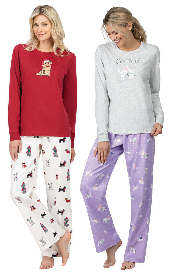 Models wearing Christmas Dog Flannel Pajamas - Red and Purrfect Flannel Pajamas - Purple. image number 0