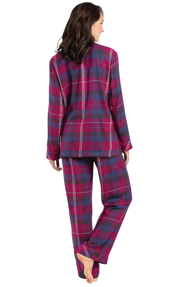 Model wearing Pink Plaid Button-Front PJ for Women, facing away from the camera