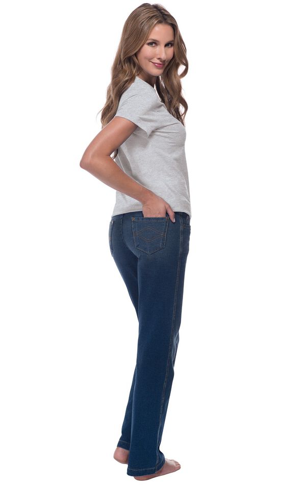 Model facing away and looking back at the camera, wearing Bootcut Vintage Wash PajamaJeans paired with a Heathered Gray Short-Sleeve T-shirt