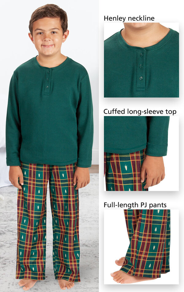 Close-ups of Christmas Tree Plaid Boys Pajamas features - Henley neckline, cuffed long-sleeve top and full-length PJ pants image number 3