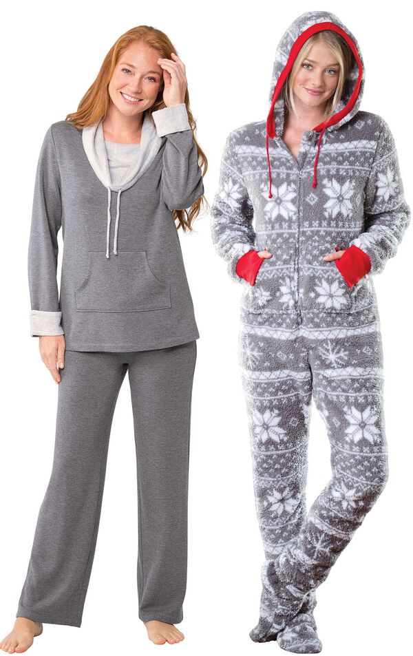 Models wearing World's Softest Pajamas - Charcoal and Hoodie-Footie - Nordic Fleece. image number 0
