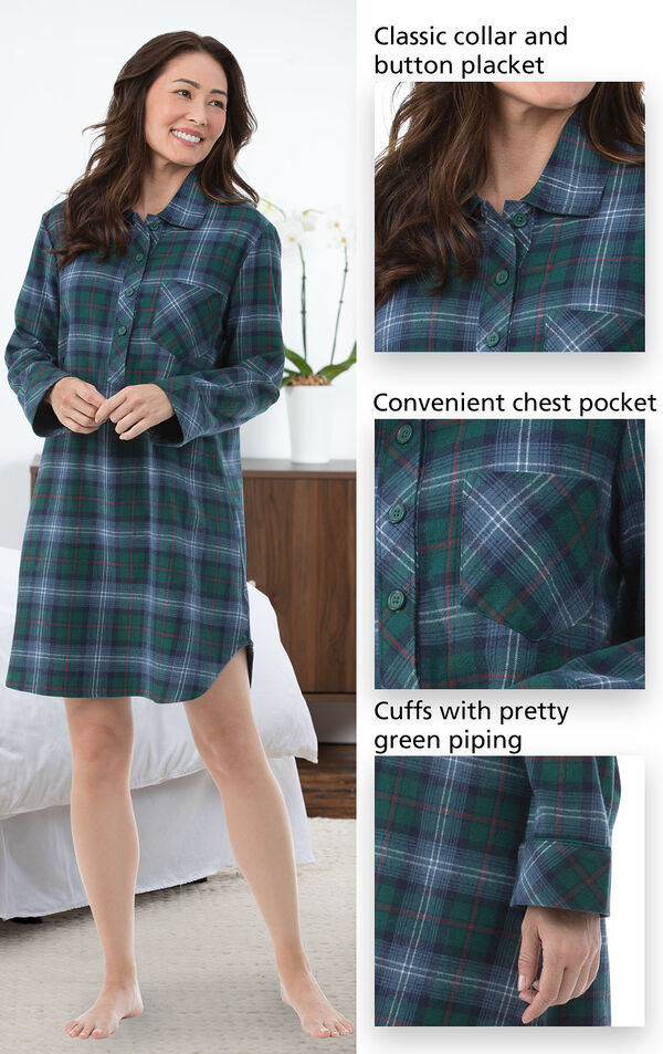 Close-ups of the features of Heritage Plaid Flannel Sleepshirt which include a classic collar and button placket, convenient chest pocket and cuffs with pretty green piping image number 3
