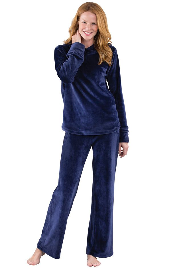 Model wearing Dark Blue Hooded Micro Velvet Hoodie PJ for Women