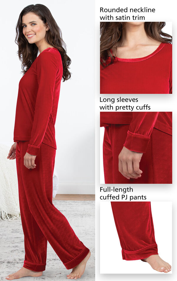 Close-ups of Velour Long-Sleeve Pajama features which include a rounded neckline with satin trim, long sleeves with pretty cuffs and full-length cuffed PJ pants image number 3