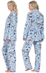 Model wearing Light Blue Dog Tired Print Button-Front PJ for Women, facing away from the camera and then to the side image number 1