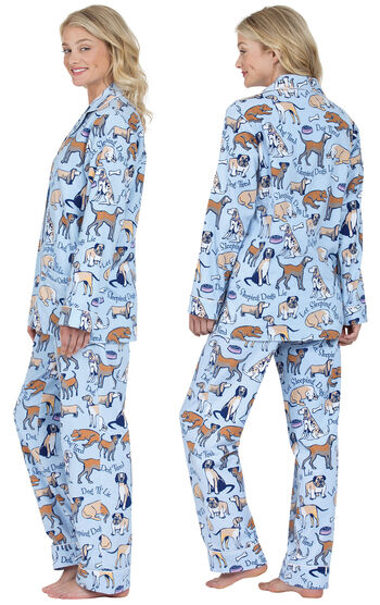 Model wearing Light Blue Dog Tired Print Button-Front PJ for Women, facing away from the camera and then to the side