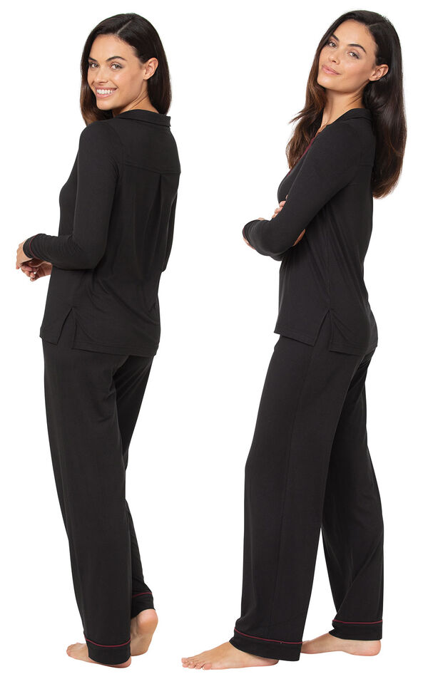 Model wearing Midnight Fantasy Pajamas - Black, facing away from the camera and then facing to the side image number 1