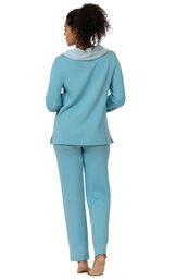 Model wearing World's Softest Teal Cowl-Neck Pajama Set for Women, facing away from the camera image number 2