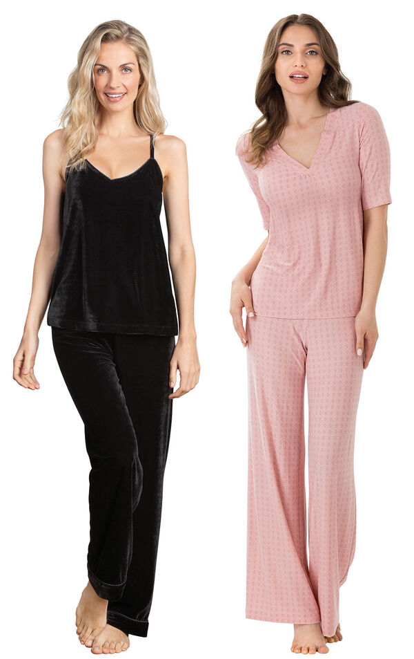 Models wearing Velour Cami Pajamas - Black and Naturally Nude Pajamas - Pink. image number 0