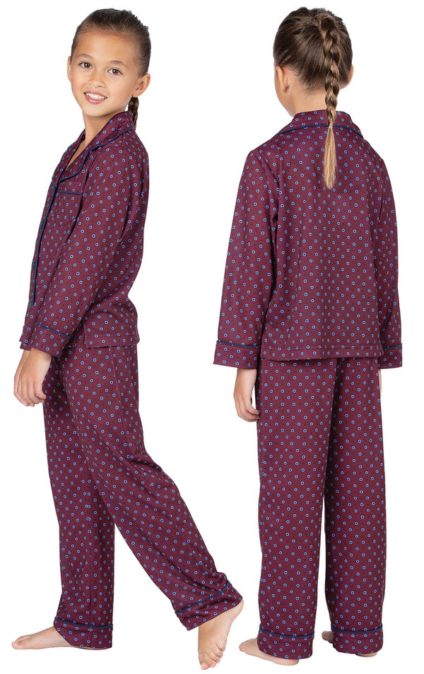 Girl wearing Deep Red Print Button-Front PJ for Kids, facing away from the camera and facing to the side image number 1