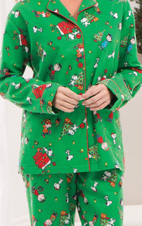 Close-up of Charlie Brown Christmas Pajamas button-front top with notched collar image number 5