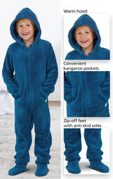 Close-ups of the Hoodie-Footie's features which include a warm hood, convenient kangaroo pockets and zip-off feet with anti-skid soles. image number 2
