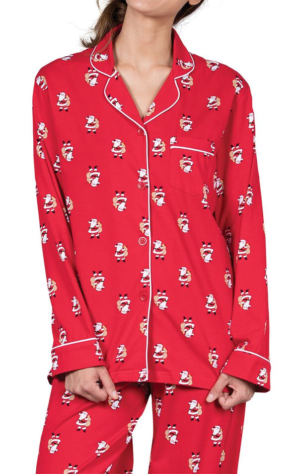 Close Up of St. Nick Boyfriend Pajamas Button Front Top with Chest Pocket and Notched Collar