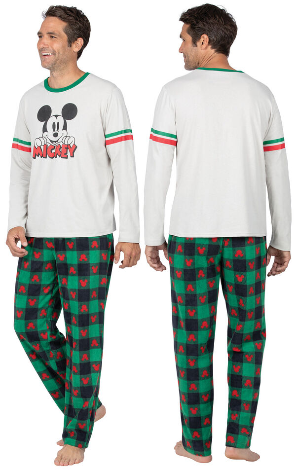 Model wearing Red and Green Mickey Mouse Holiday PJs for Men, facing away from the camera and then facing to the side image number 1