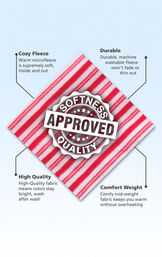 Red and White striped fleece fabric swatch with the following copy: warm microfleece is supremely soft. Machine washable fleece won't fade. High-quality fabric means colors stay bright. Comfy mid-weight fabric keeps you warm. image number 4