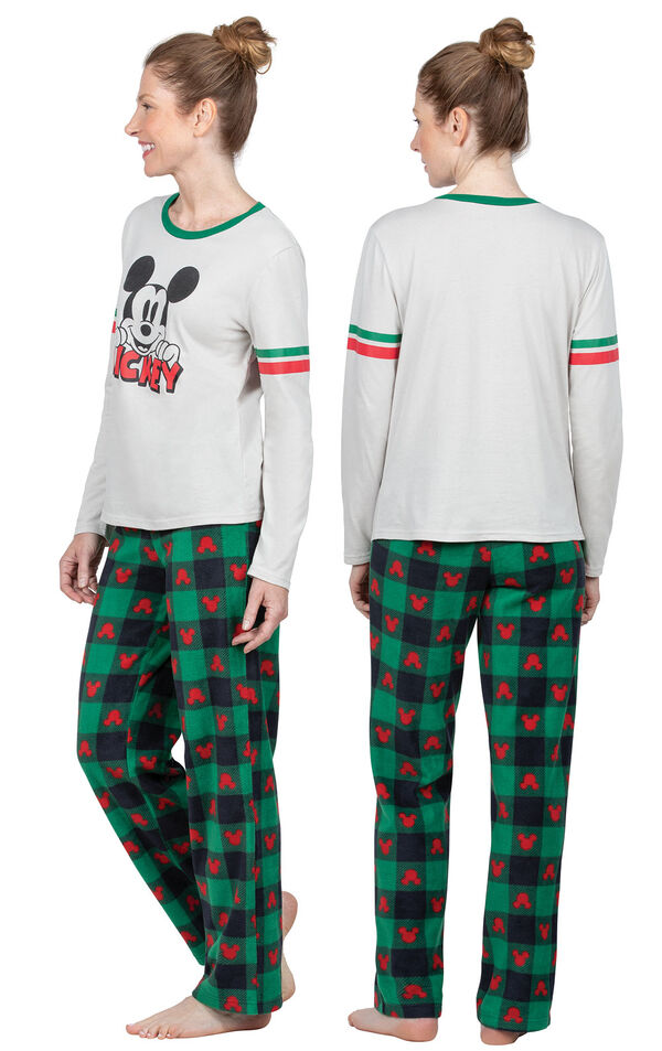 Model wearing Red and Green Mickey Holiday PJs for Women, facing away from the camera and then facing to the side image number 1