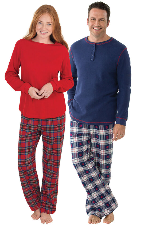 Snowfall & Stewart Plaid Couples Pajamas image number 0