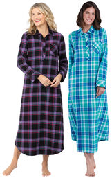Models wearing Blackberry Plaid Flannel Nightgown and Wintergreen Plaid Flannel Nighty. image number 0