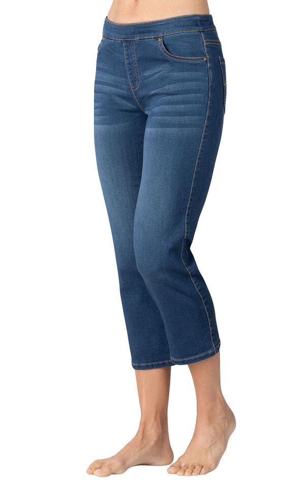 Model wearing PajamaJeans Capris - Vintage Wash
