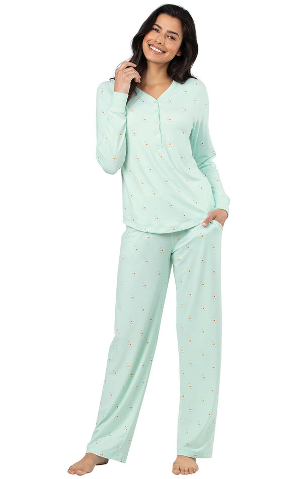 Model wearing Whisper Knit Henley Pajamas - Aqua Llamas