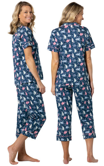 Navy Cat Short-Sleeve Boyfriend Capri Pajamas