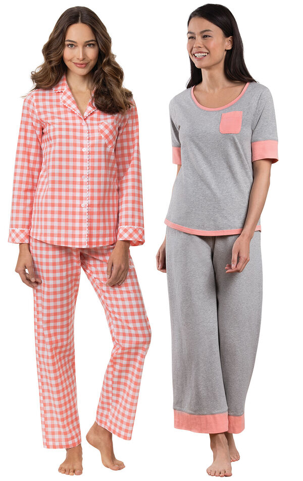 Models wearing Heart2Heart Gingham Boyfriend Pajamas - Coral and Cozy Capri Pajama Set - Gray image number 0