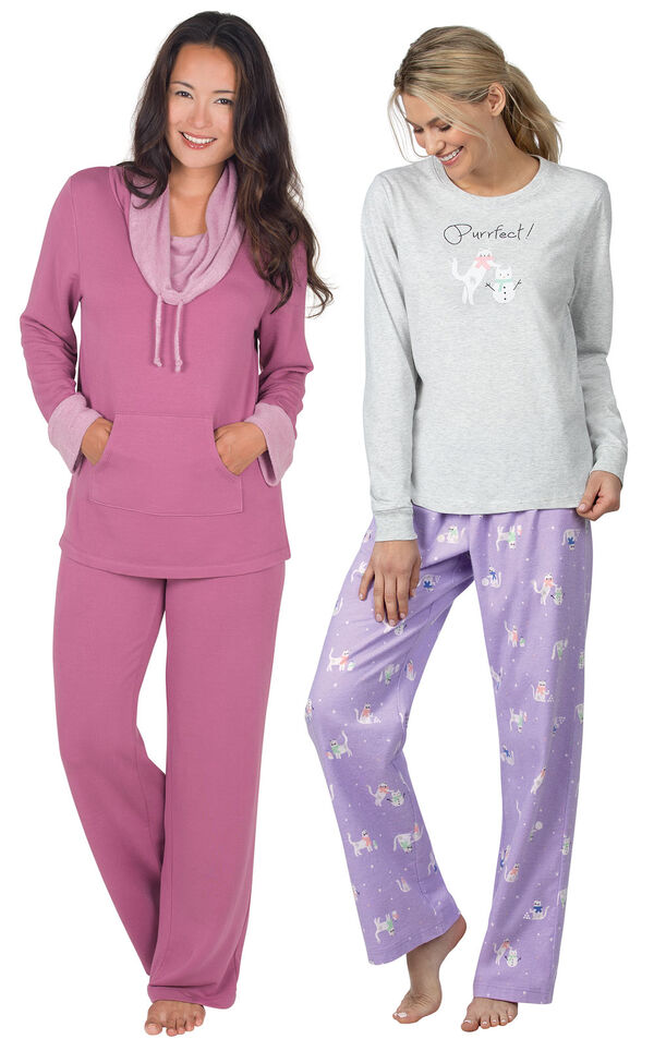 Models wearing Purrfect Flannel Pajamas - Purple and World's Softest Pajamas - Raspberry. image number 0