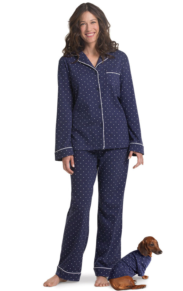 Models wearing Navy Blue and White Pajamas for Pets and Owners image number 0
