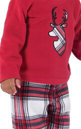 Close-up of Red Fleece Top with Deer Applique on Fireside Fleece Infant Pajamas image number 3