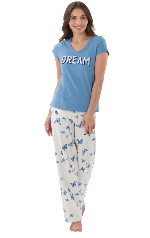 Model wearing Blue and Ivory Dream Butterfly PJ for Women image number 0